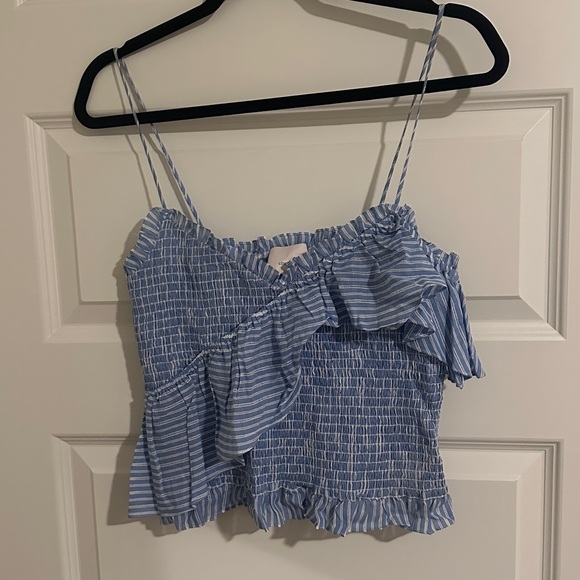 Cinq a Sept Mara Smocked Ruffled Crop Top, Blue Stripes - Picture 4 of 6